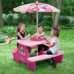 Delta Children Minnie Mouse 4 Seat Activity Picnic Table With Umbrella And LEGO Compatible Tabletop Outdoor