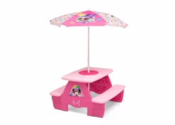 Delta Children Minnie Mouse 4 Seat Activity Picnic Table With Umbrella And LEGO Compatible Tabletop Outdoor