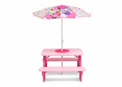 Delta Children Minnie Mouse 4 Seat Activity Picnic Table With Umbrella And LEGO Compatible Tabletop Outdoor