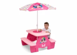 Delta Children Minnie Mouse 4 Seat Activity Picnic Table With Umbrella And LEGO Compatible Tabletop Outdoor