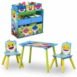 Delta Children Baby Shark 4-Piece Playroom Solution – Set Includes Table And 2 Chairs And 6-Bin Toy Organizer