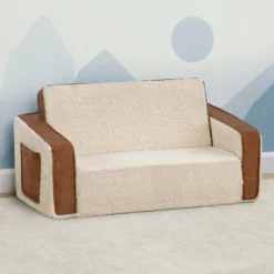 Delta Children Cozee Flip-Out Sherpa And Leather 2-in-1 Convertible Sofa To Lounger For Kids